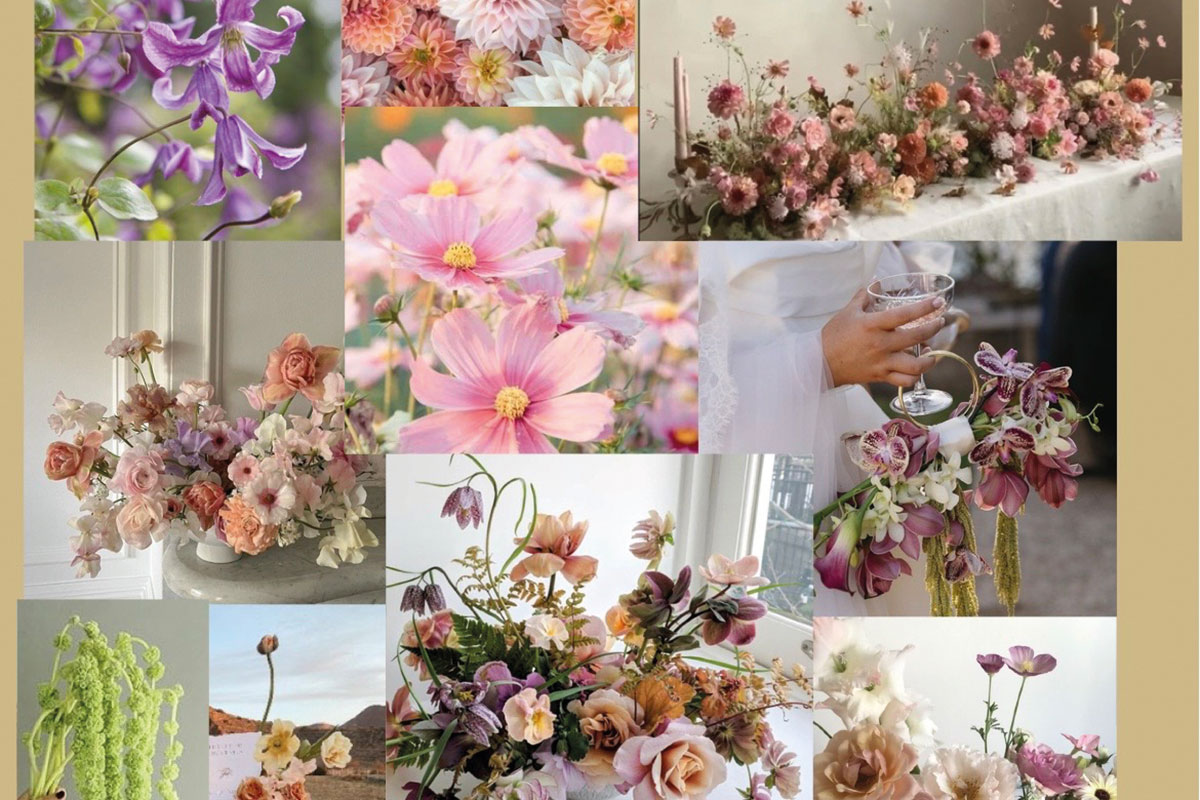 Wedding floral moodboard with pastel flowers, bouquets and table arrangements for inspiration
