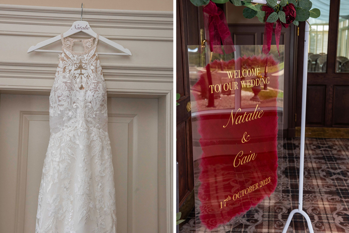 A Close Up Of A Wedding Dress On A Hanger On Left And A Red And Gold Wedding Welcome Sign On Right
