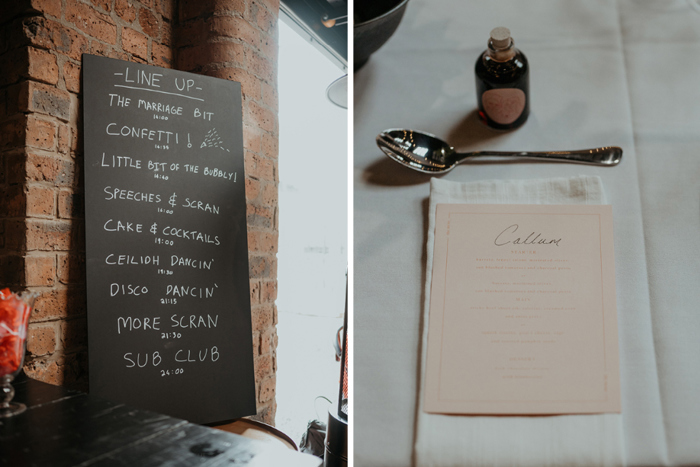 Wedding details including order of the day and wedding menu