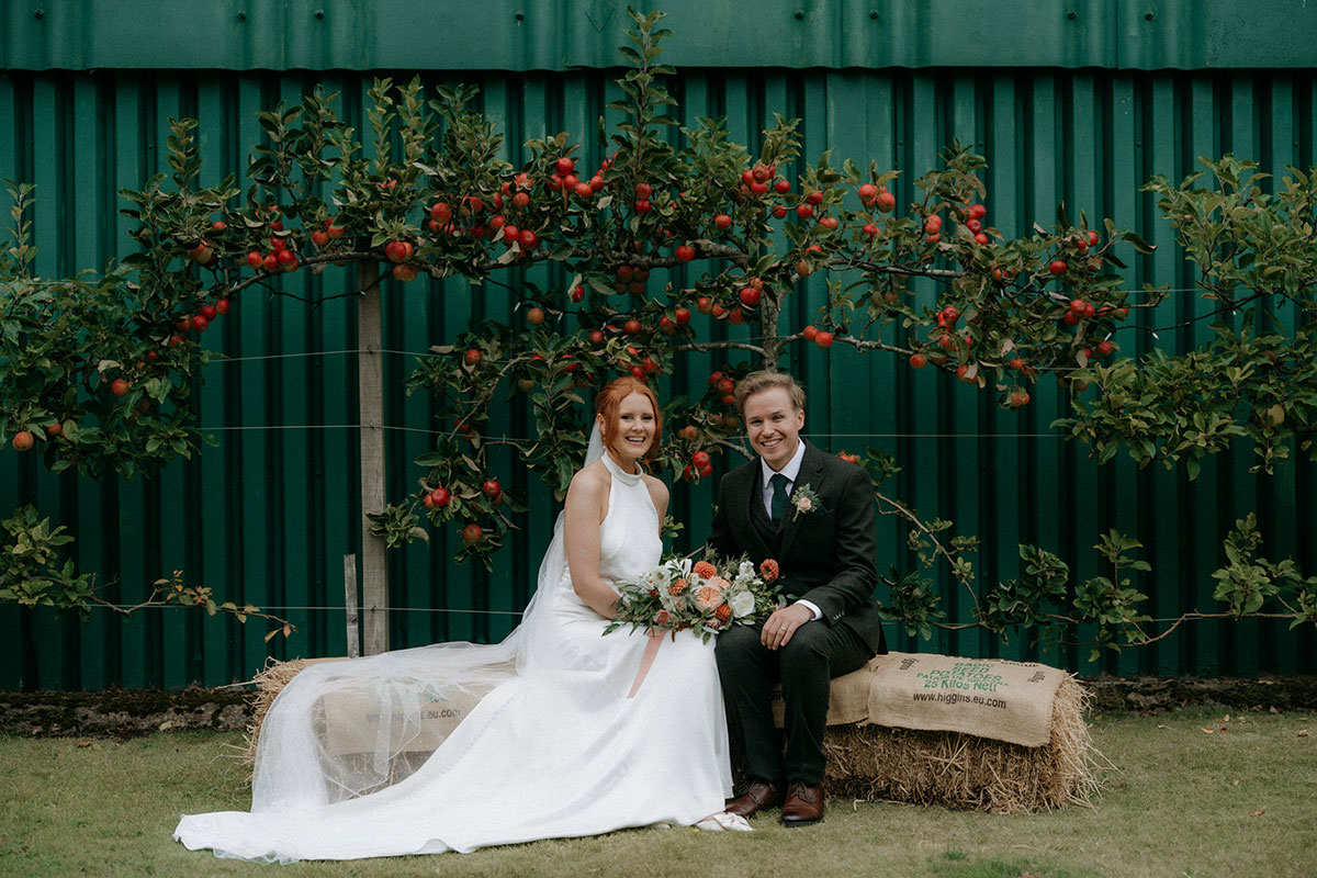 A bride and groom sitting on hay bales in front of espaliered apple trees, with red apples hanging on the branches.