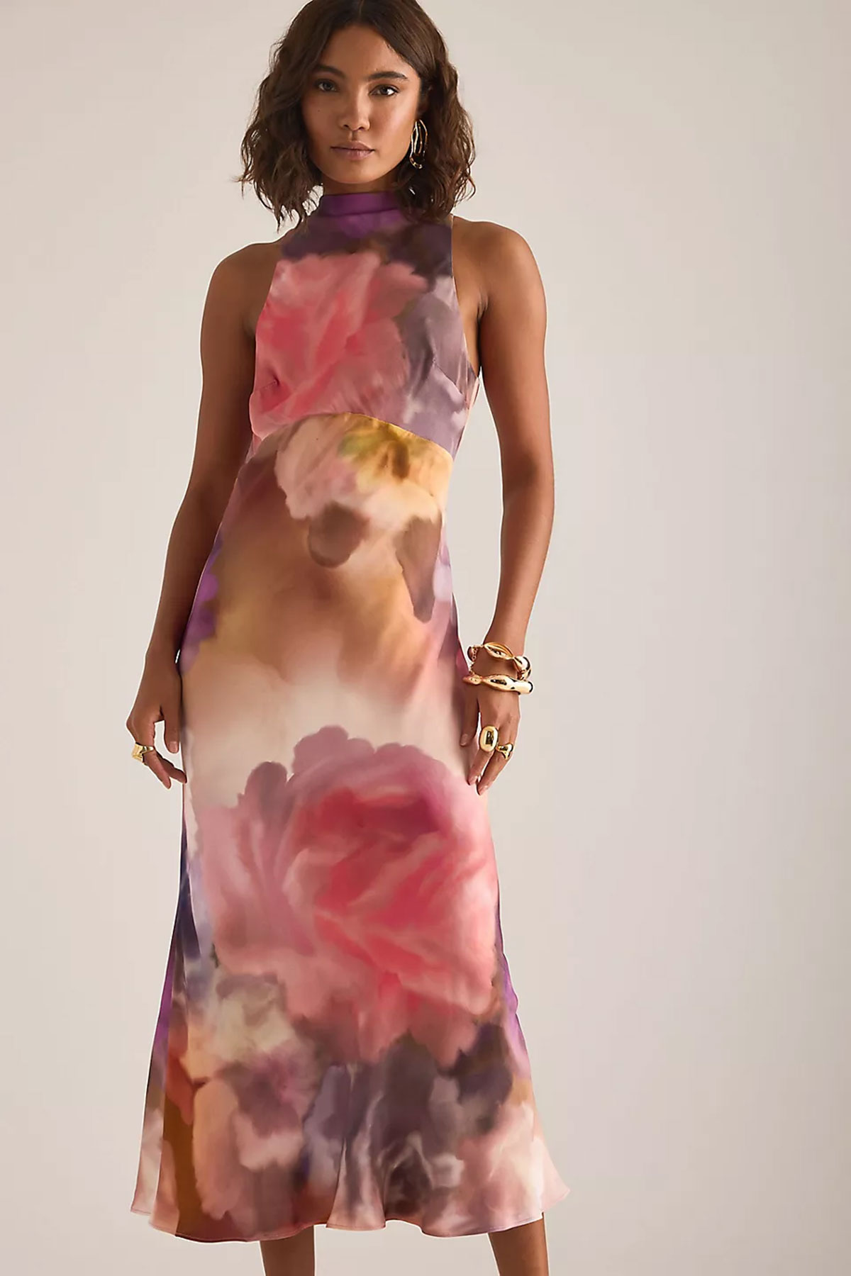 Printed high-neck midi dress with soft blurred floral design in pink and purple tones