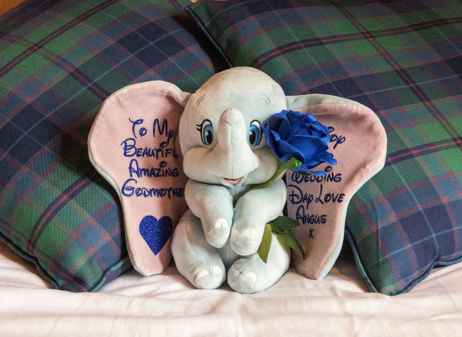 A toy of Dumbo the elephant with the words 'To my beautiful amazing godmother on your wedding day love Angus x' on the ears