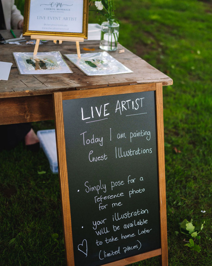 a sign propped up outdoors explains painting guest illustrations