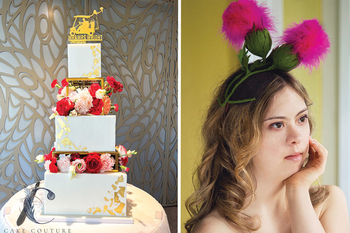 A three tier wedding cake on the left and a woman wearing a thistle fascinator on the right 
