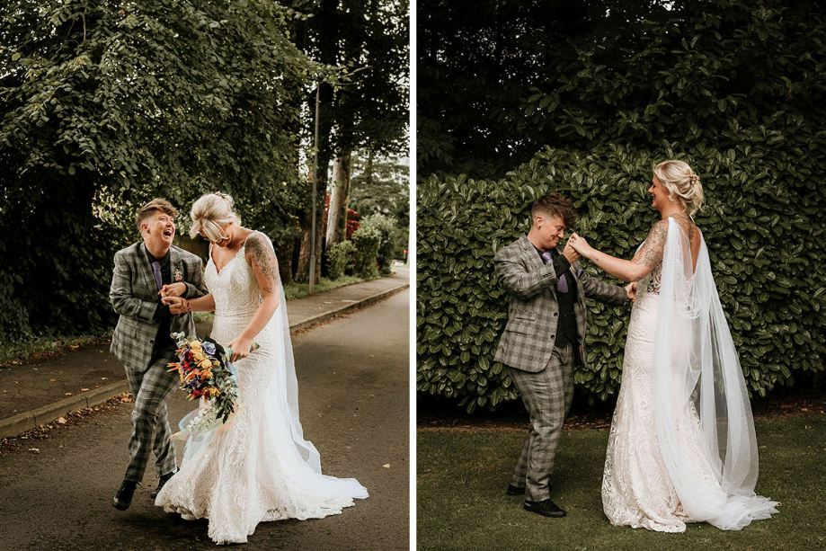 Brides laugh during candid couple portraits