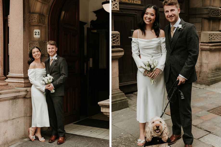 Bride and groom outside 23 Montrose Street with their dog