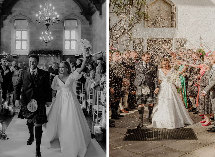 left image shows a bride and groom walking up a white carpeted aisle cheering as wedding guests applaud them either side; right image shows a bride and groom being showered extravagantly in pink and white confetti outside Achnagairn Castle as wedding guests flank them either side