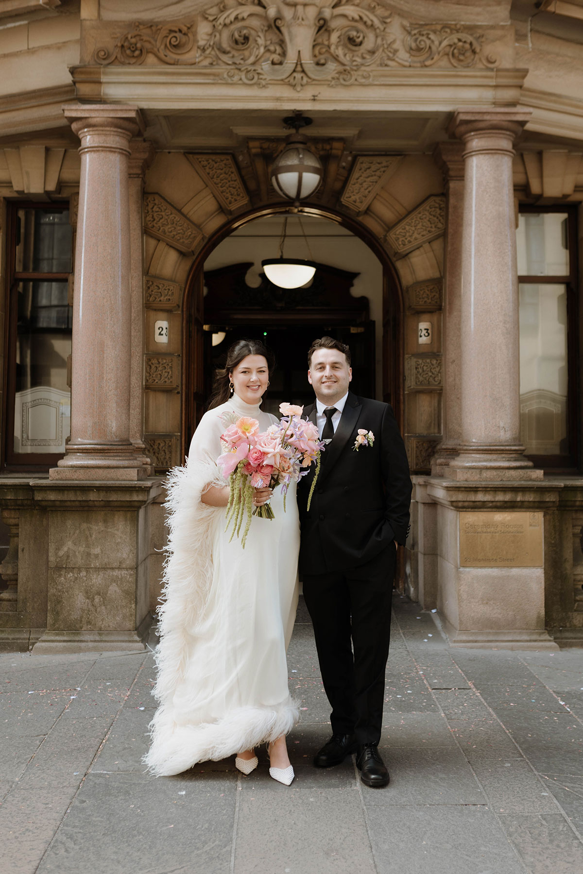 Bride and groom portrait outside a historic Glasgow wedding ceremony venue