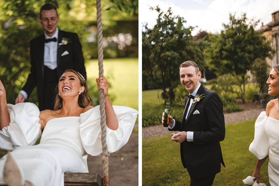 On left is groom pushing laughing bride on a swing and on right is bride and groom laughing while groom holds bottle of Buckfast Tonic Wine