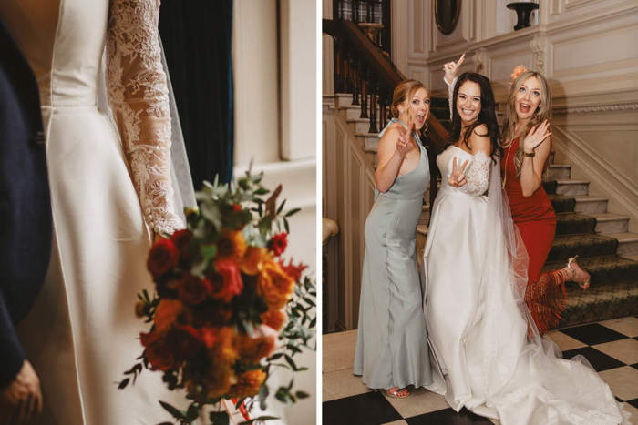 A Detail Of A Bride Holding An Orange And Red Flower Bridal Bouquet On Left And Three People Posing For A Photo Next To A Staircase At Pollok House