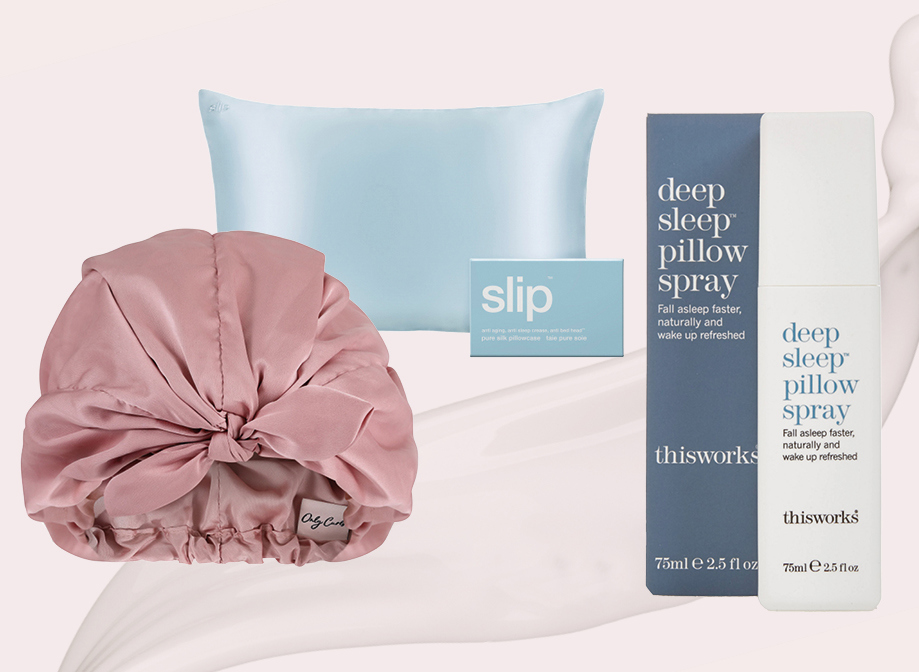 a hair turban, a silk pillowcase and a sleep spray as cut-out images