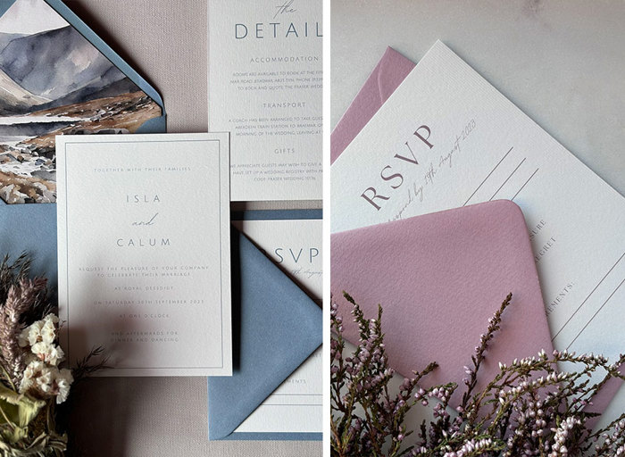 On the left a wedding invitation and RSVP letter in pale blue envelopes, on the right an RSVP letter in a lilac envelope