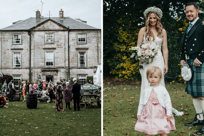 Guests mingle outside venue and bride smiles at small girl wearing a pink dress