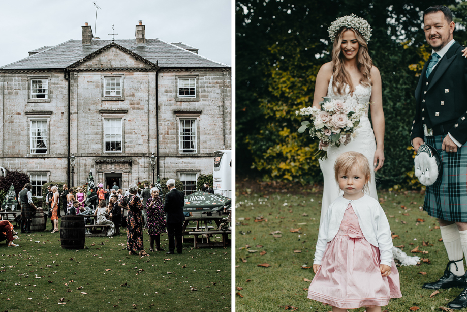 Guests mingle outside venue and bride smiles at small girl wearing a pink dress