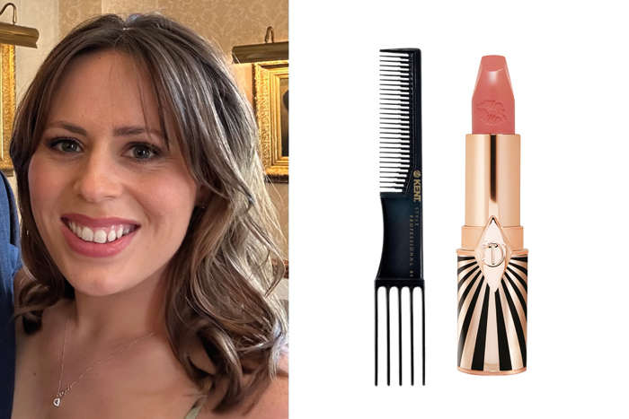Beauty stylist headshot with hair comb and lipstick