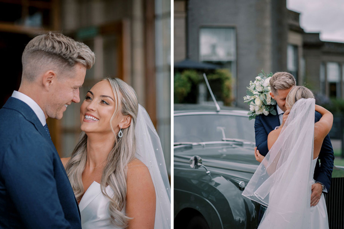 Couple portraits outdoors in front of wedding car