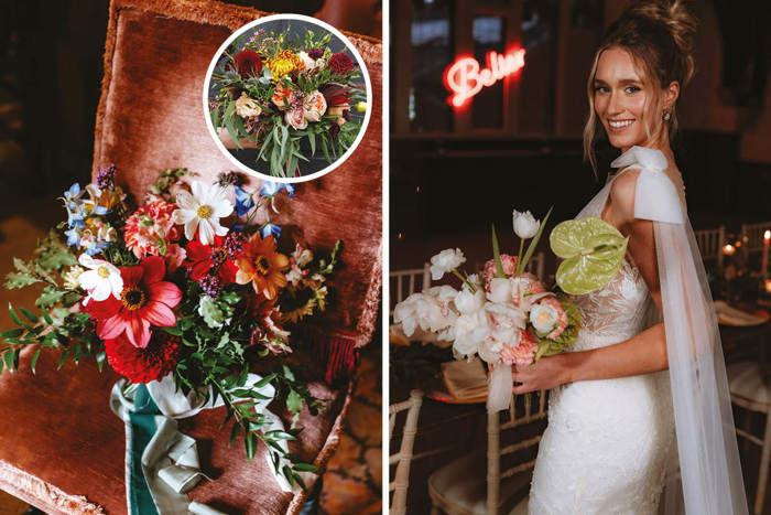 three different examples of asymmetrical bouquets, one held by a bridal model