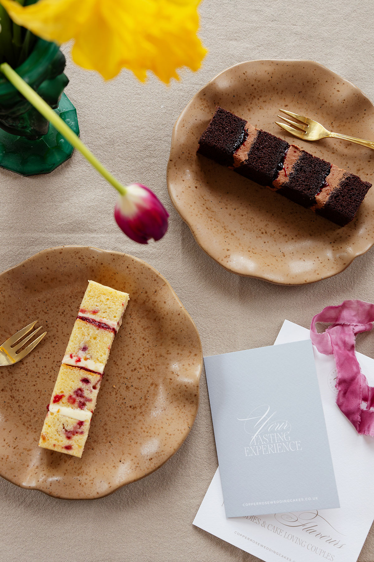Flatlay of wedding cake samples 