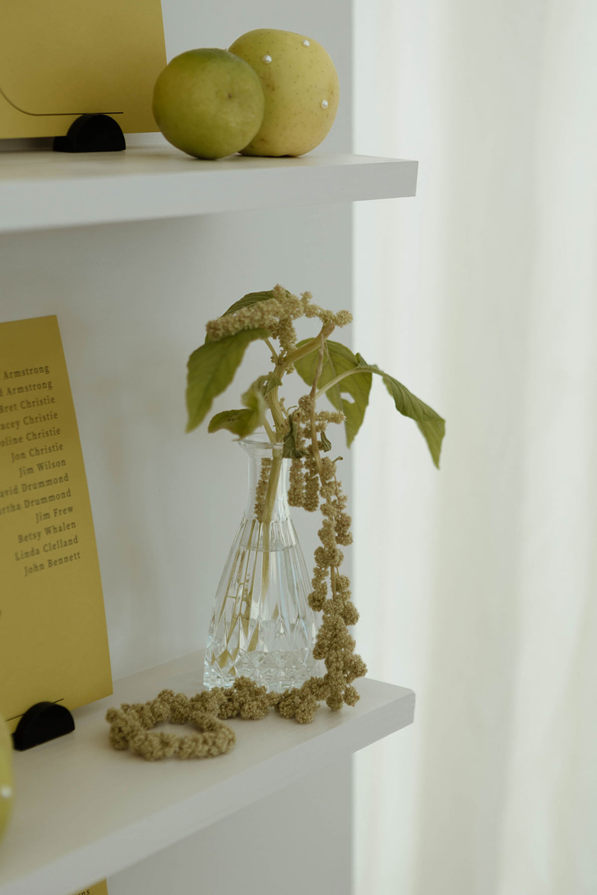 Lime green wedding table plan display with yellow seating cards, green fruit and glass vase of foliage