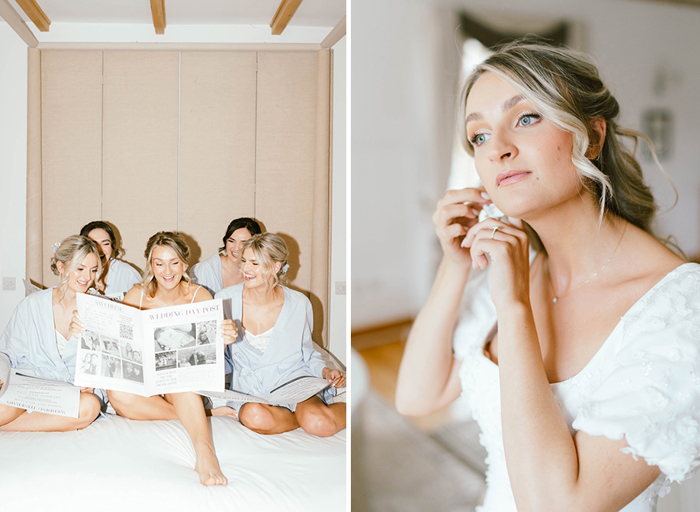 on the left a group of women read a newspaper on a bed, on the right a woman puts in an earring