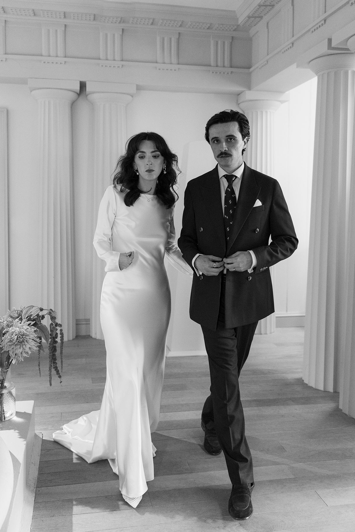 Bride and groom photographed inside the City Observatory during their Edinburgh city wedding.