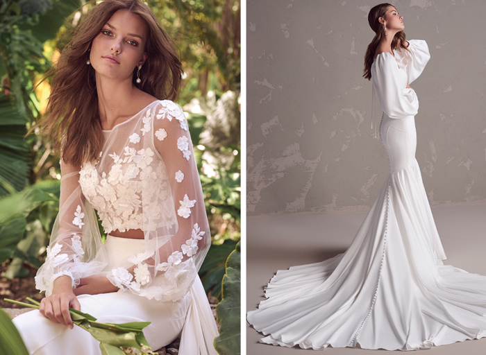 Two wedding outfits shown on the same model side by side, one a two piece and the other a flowy gown with a train