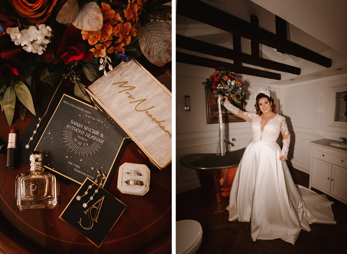 On the left a wedding invitation, perfume and jewellery on a wooden table, on the right a bride in a long dress holds her bouquet up high