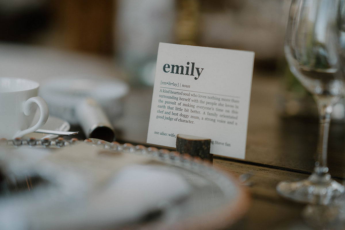 Personalised wedding place name card for the bride at a Cluny Castle wedding reception.