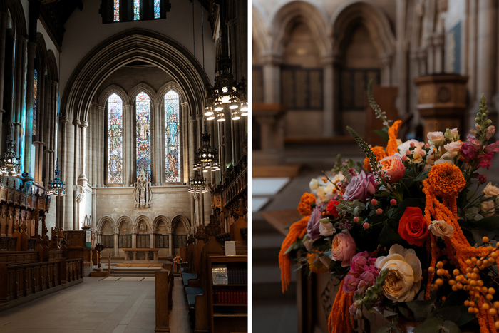 University Of Glasgow Memorial Chapel And Close Up Of Colourful Wedding Bouquet