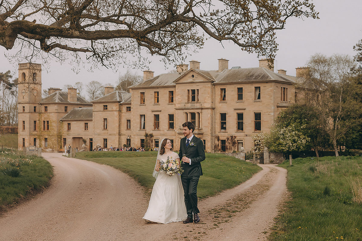 Cambo Estate exterior with driveway approach, country house wedding venue in Fife