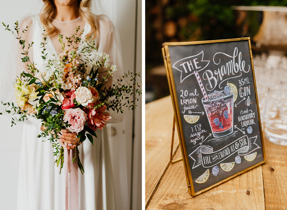 Left image shows a detail of a wild pastel bridal bouquet held by the hands of a bride. Right image shows a chalk board wedding sign depicting the ingredients and instructions for a Bramble cocktail