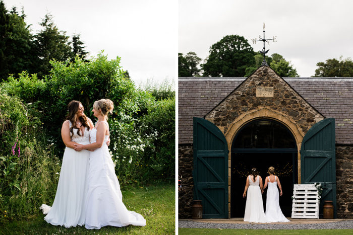 Bridal portraits and image showing brides walking into The Byre at Inchyra