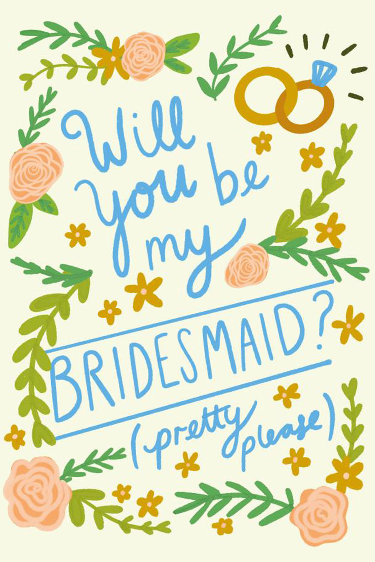 Illustrated bridesmaid proposal card with floral details, wedding rings and the wording “Will you be my bridesmaid?”