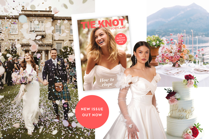 A collage of wedding-related images including a bride and groom showered in confetti, an eleganza sposa dress, a wedding cake and a tie the knot scotland magazine cover