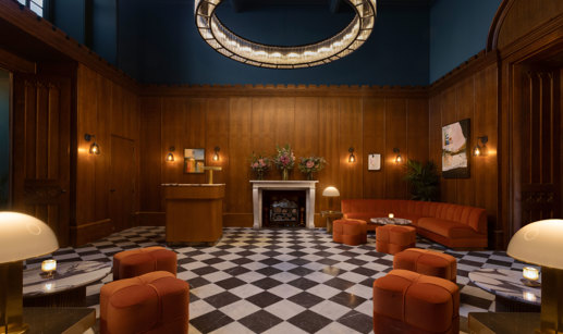the new reception area that welcomes guests at mar hall including a checkerboard floor