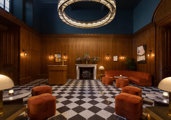 the new reception area that welcomes guests at mar hall including a checkerboard floor