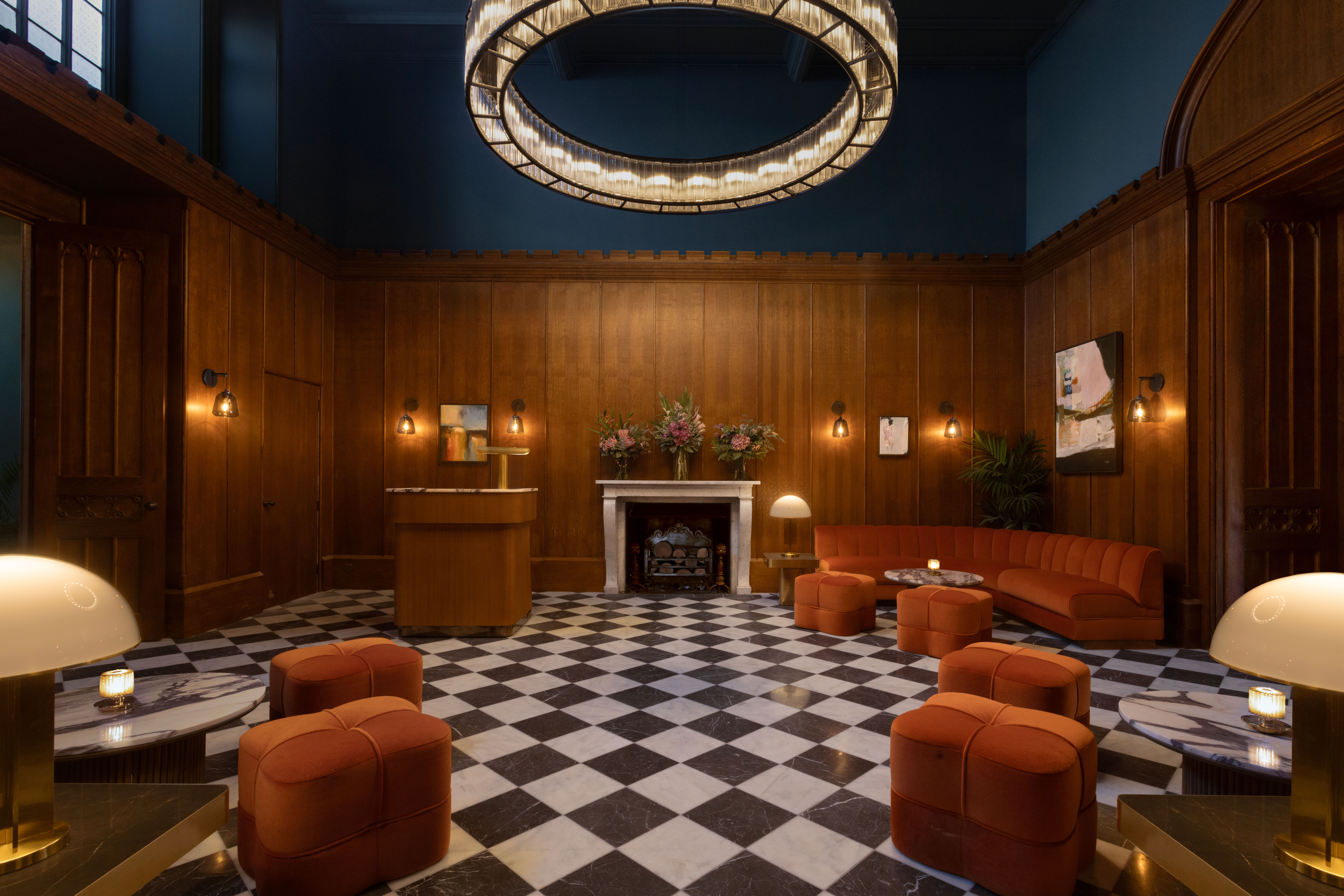 the new reception area that welcomes guests at mar hall including a checkerboard floor