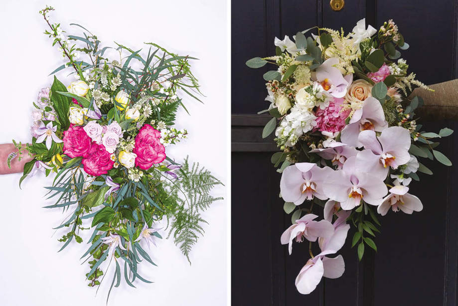 two separate cascading bouquets