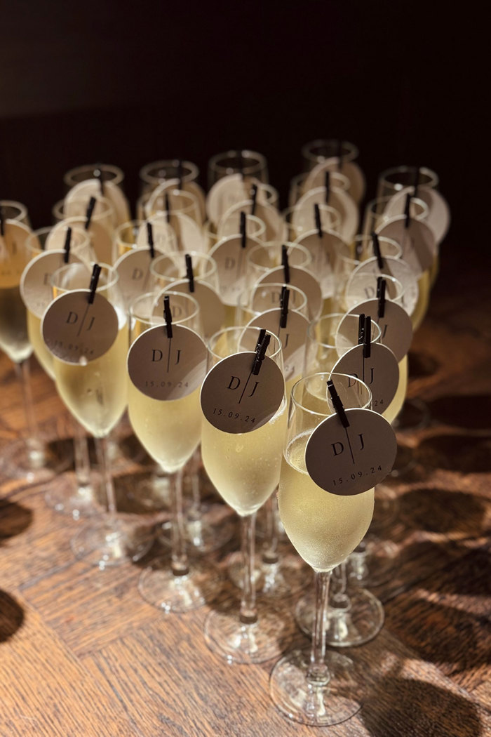 champagne set up on table with glass toppers