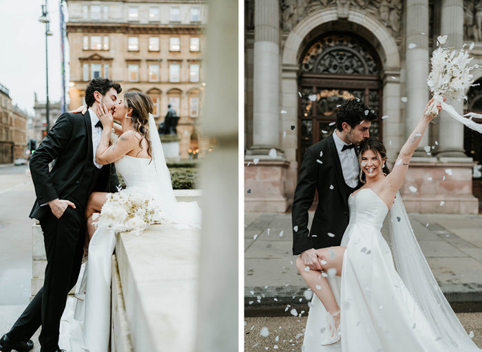 Two photos; on the left a bride sits on a stone ledge as she kisses the groom who stands in front of her, on the right a bride holds her bouquet up in celebration as the groom holds one of her legs and white confetti showers down on them