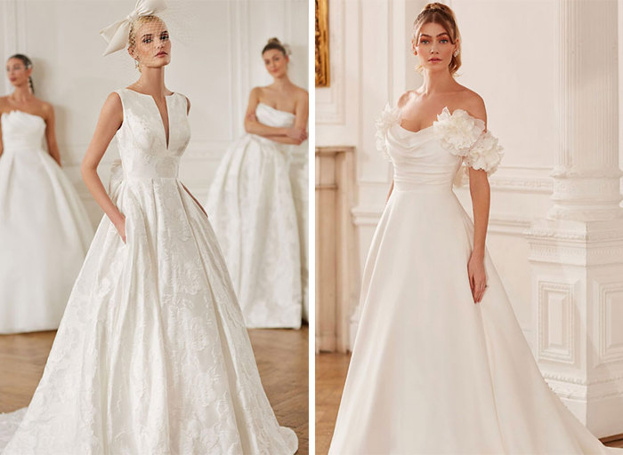 two models wearing wedding dresses