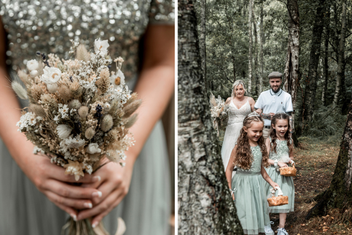 One image shows bridesmaids bouquet and the other shows bride walking through woods to the ceremony