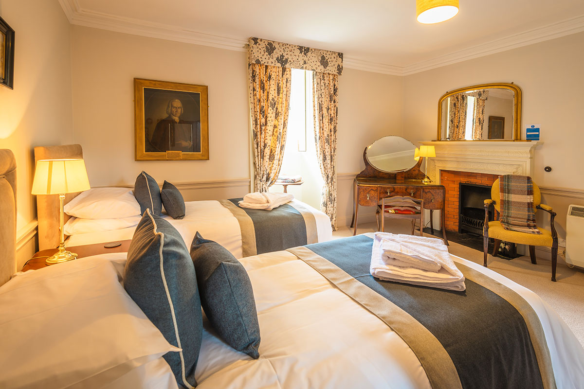 Twin bedroom in Preston Tower, the self-catering wedding accommodation inside Fyvie Castle