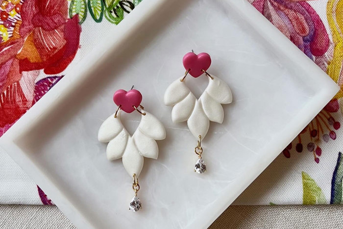 Statement pink heart and pearl petal polymer clay earrings with cubic zirconia drop