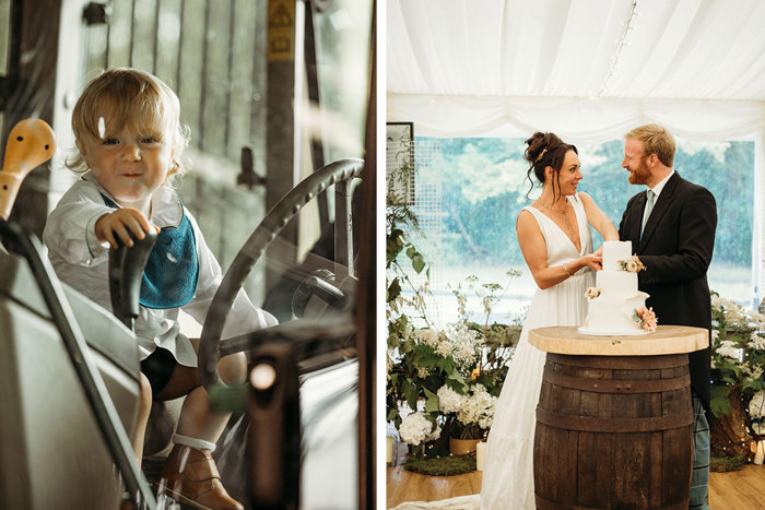 A Young Child In A Tractor Cab On The Left And Two People Cutting A Wedding Cake On The Right
