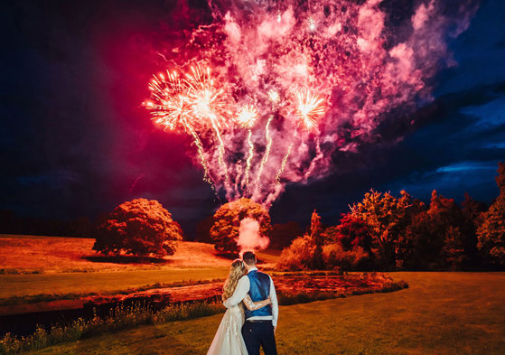 The newly-weds watch a red and purple display of fireworks go off in the night sky