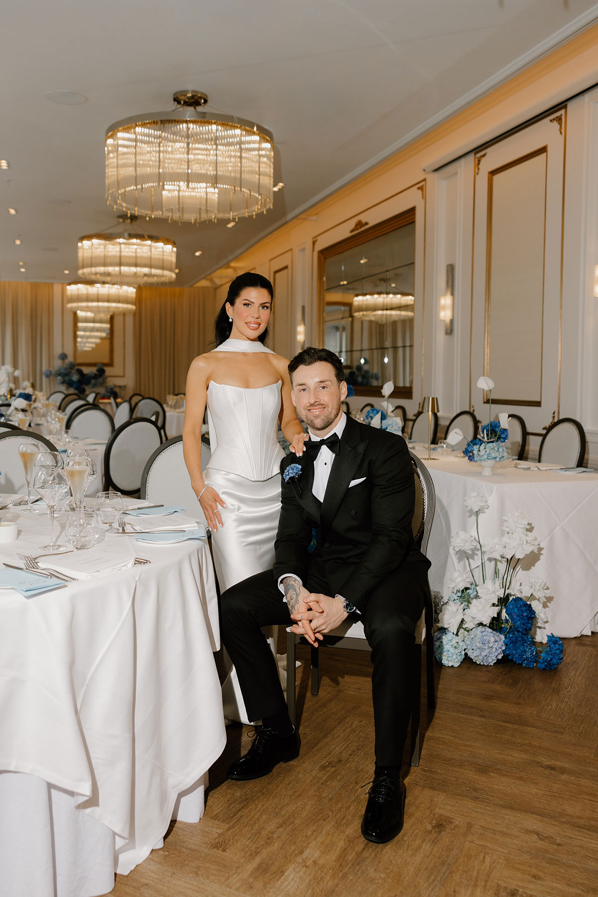Stylish newlywed portrait inside The Exchange Glasgow wedding venue with contemporary white interiors