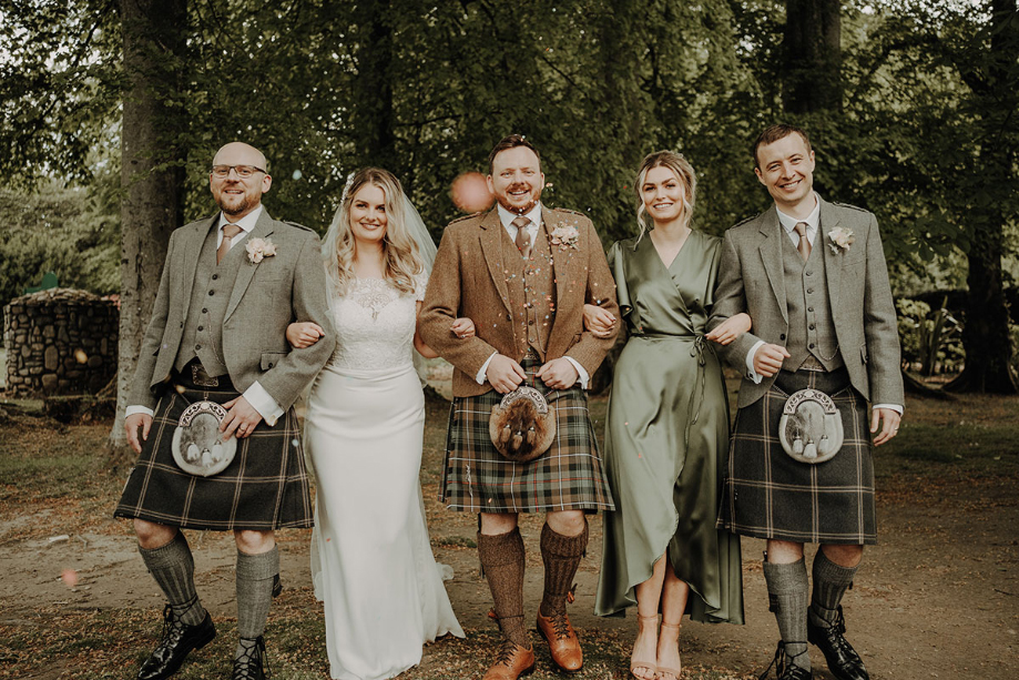 Wedding party photos with bride, groom, bridesmaid and groomsmen