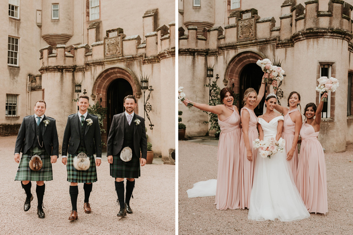 On the left, three men in green kilts walking at the entrance of a castle, on the right a bride and four bridesmaids standing at the entrance of a castle