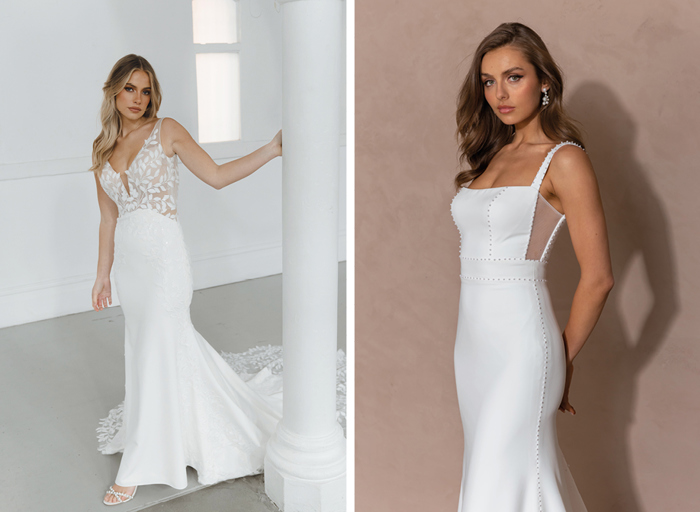 Two form-fitting wedding dresses shown on models side by side 
